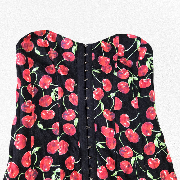 Y2K Cooperative Cherry Print Strapless Bustier Mini Dress Y2K Pinup Size Small - Picture 2 of 8